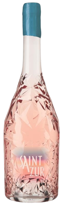 FF_Èternel-removebg-preview Flasche mit kristallartiger Oberfläche und blauer Verschlusskappe aus Wachs, gefüllt mit roséfarbenem Getränk – Etikett SaintAzur auf der Vorderseite, stilvolles Design mit hochwertiger Anmutung.